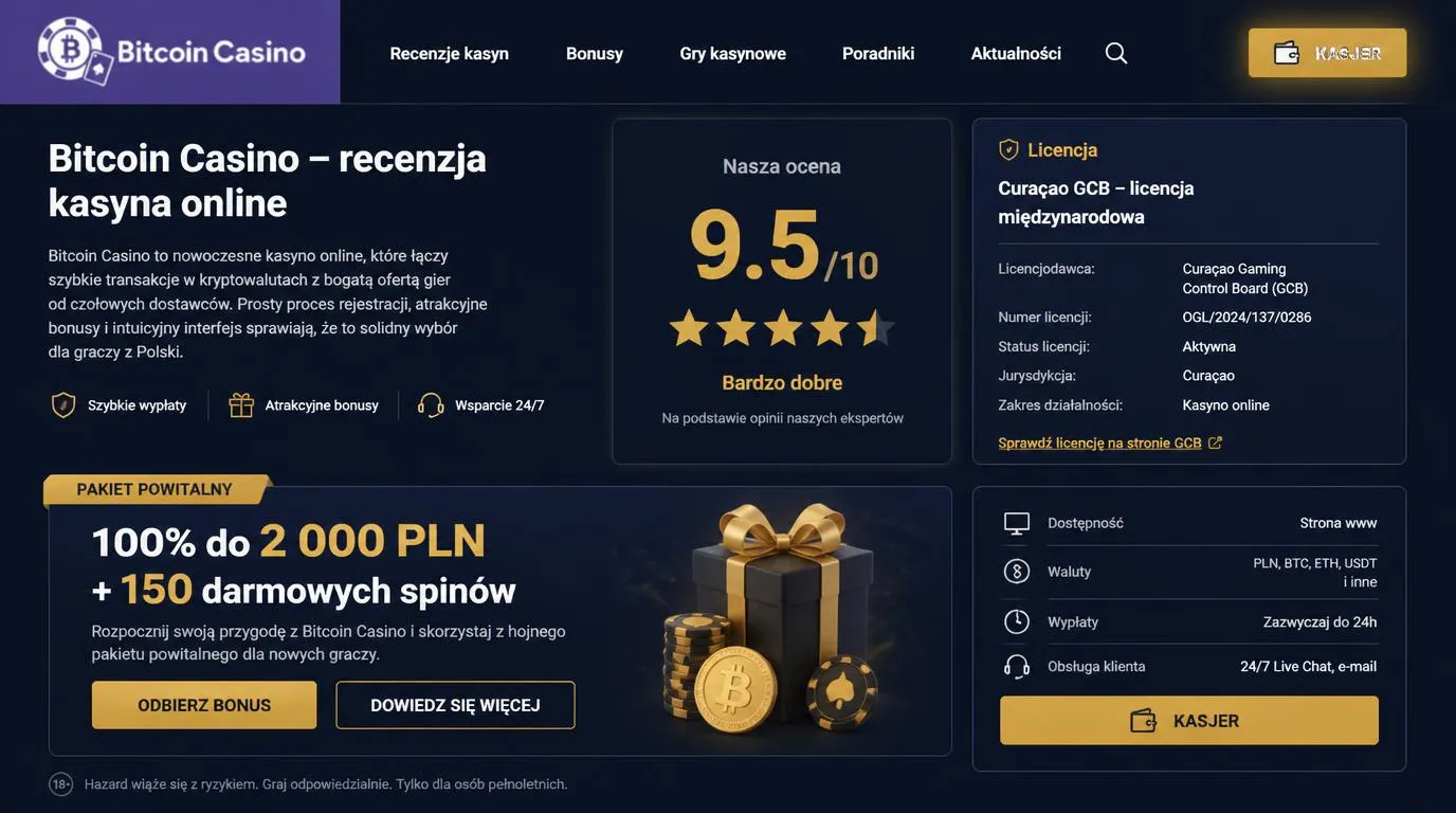 Ekran kasyna z oceną 9,5/10, informacją o licencji Curaçao GCB i widocznym przyciskiem kasy