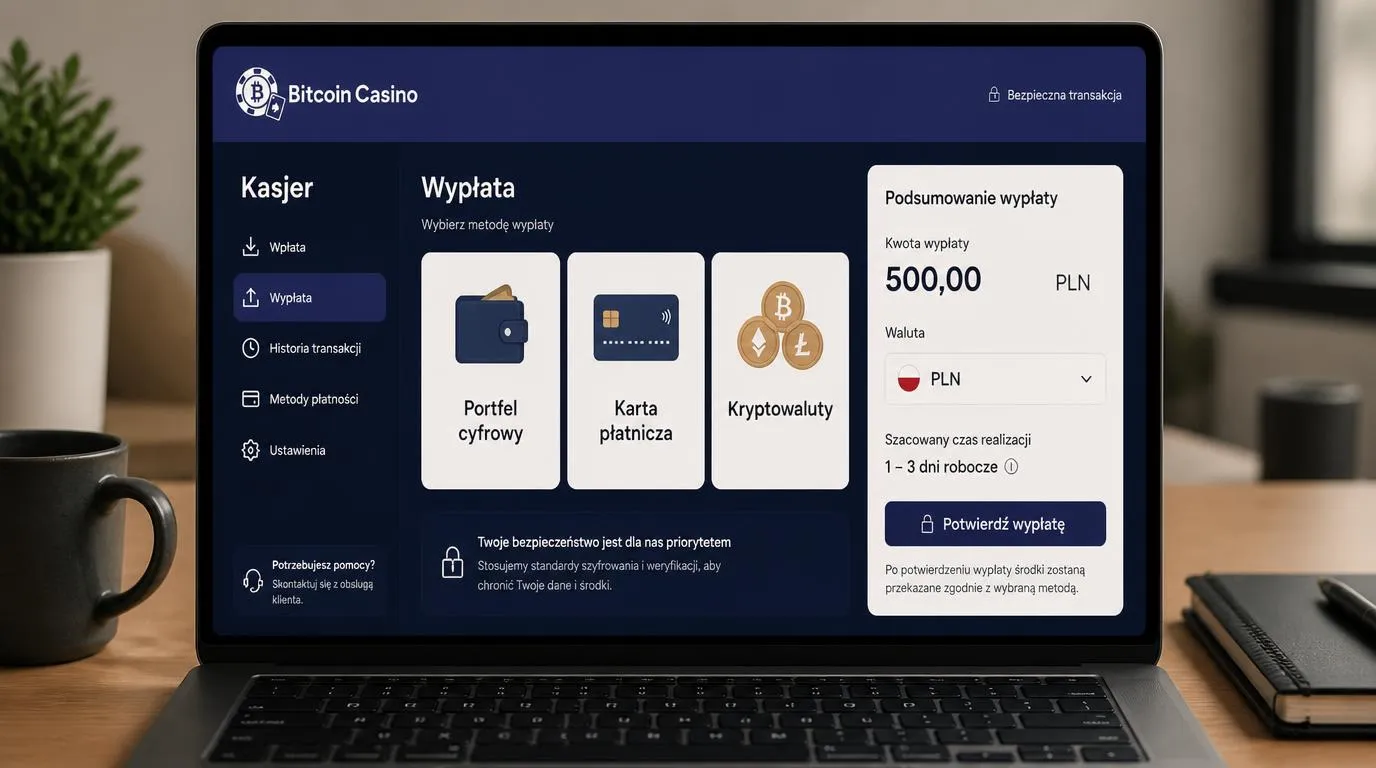 Panel kasy kasyna z wyborem portfela, karty i kryptowaluty oraz podglądem czasu wypłaty
